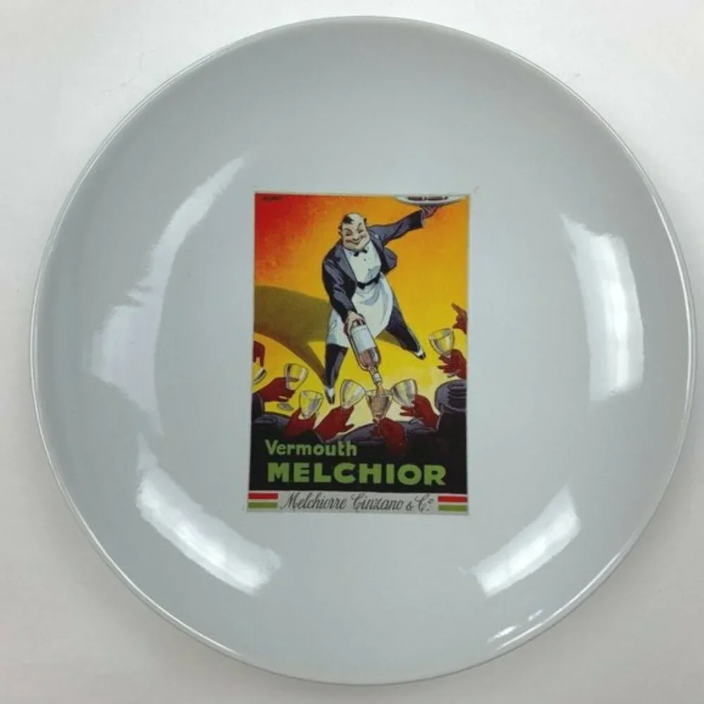 Pottery Barn Vintage Poster Cocktail Plate Rare‎ 2002 8'' Vermouth Melchior
